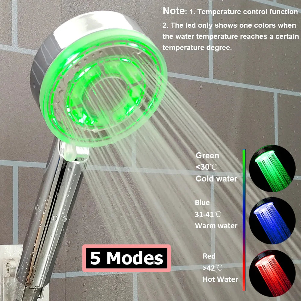 3/7 Colors Changes Led Shower Head with Propeller Stop Button Turbocharging High Pressure Showerhead Temperature Display Shower