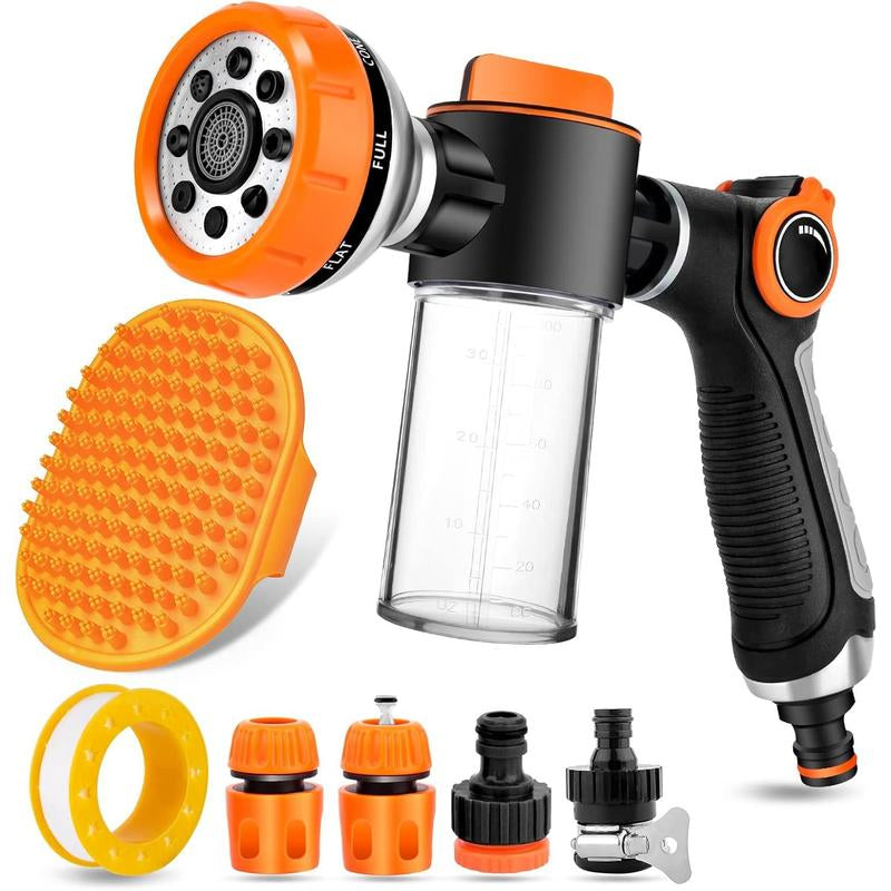 Washing Hose Attachment, 8-In-1 Sprayer Mode Garden Hose Nozzle with Pet Bathing Brush and 100Cc Soap Dispenser Bottle, Adopted in Watering , Wash, and Horse Showering (Green)