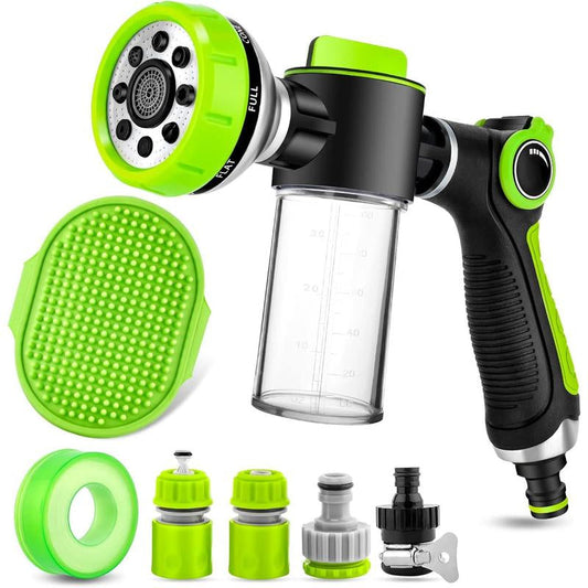 Washing Hose Attachment, 8-In-1 Sprayer Mode Garden Hose Nozzle with Pet Bathing Brush and 100Cc Soap Dispenser Bottle, Adopted in Watering , Wash, and Horse Showering (Green)