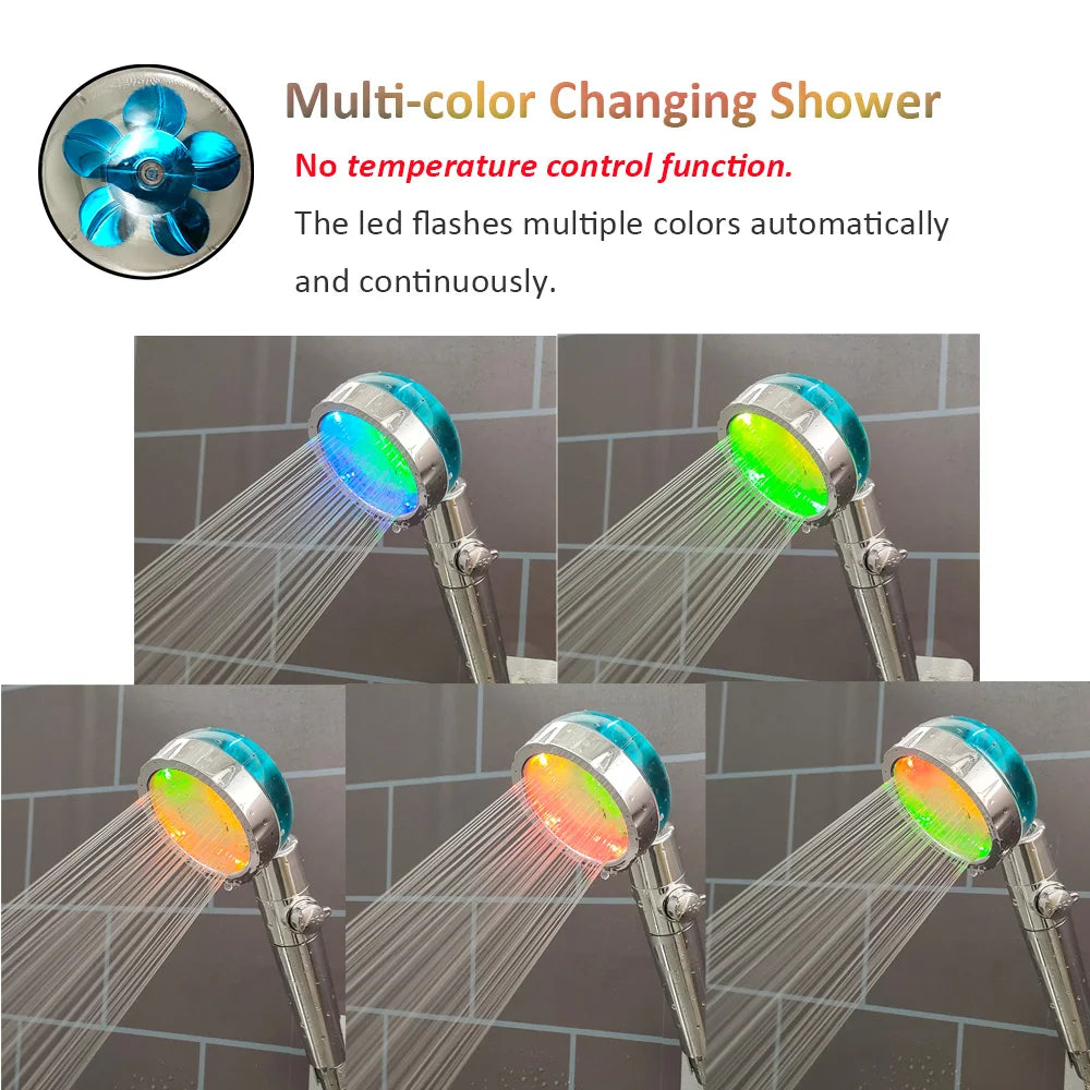3/7 Colors Changes Led Shower Head with Propeller Stop Button Turbocharging High Pressure Showerhead Temperature Display Shower