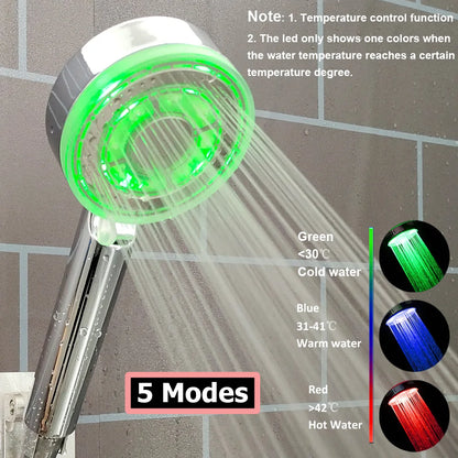 3/7 Colors Changes Led Shower Head with Propeller Stop Button Turbocharging High Pressure Showerhead Temperature Display Shower