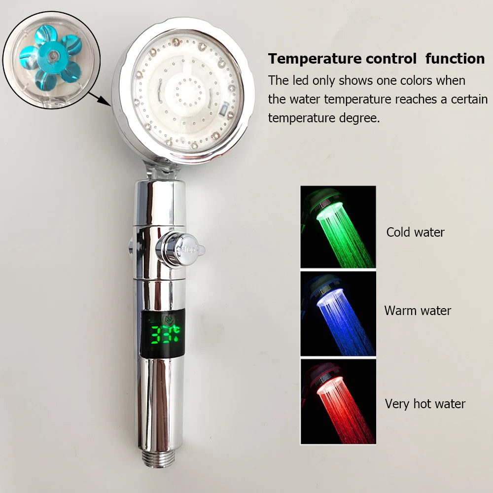3/7 Colors Changes Led Shower Head with Propeller Stop Button Turbocharging High Pressure Showerhead Temperature Display Shower