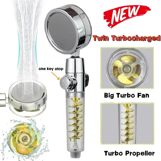 New High Pressure Shower Head Twin Turbocharged Shower Head Handheld Turbo Fan Propeller Shower One-key Stop Massage Showerhead