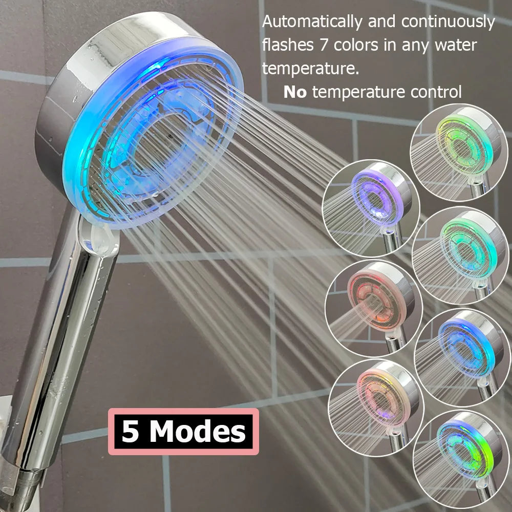 3/7 Colors Changes Led Shower Head with Propeller Stop Button Turbocharging High Pressure Showerhead Temperature Display Shower