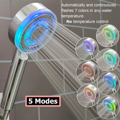3/7 Colors Changes Led Shower Head with Propeller Stop Button Turbocharging High Pressure Showerhead Temperature Display Shower