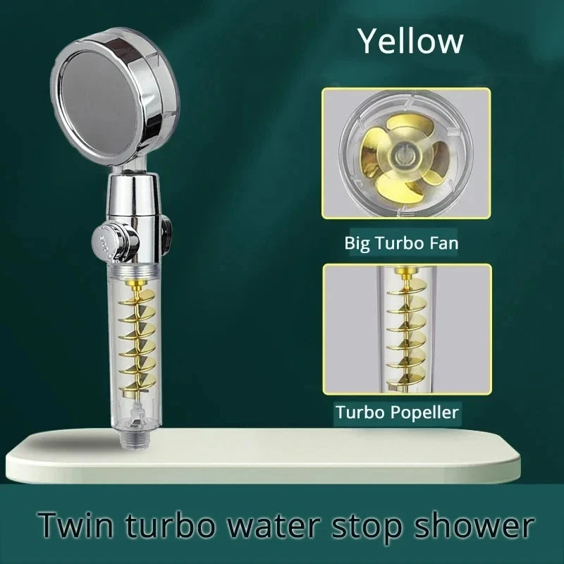 New High Pressure Shower Head Twin Turbocharged Shower Head Handheld Turbo Fan Propeller Shower One-key Stop Massage Showerhead