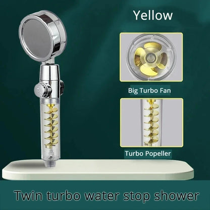 New High Pressure Shower Head Twin Turbocharged Shower Head Handheld Turbo Fan Propeller Shower One-key Stop Massage Showerhead