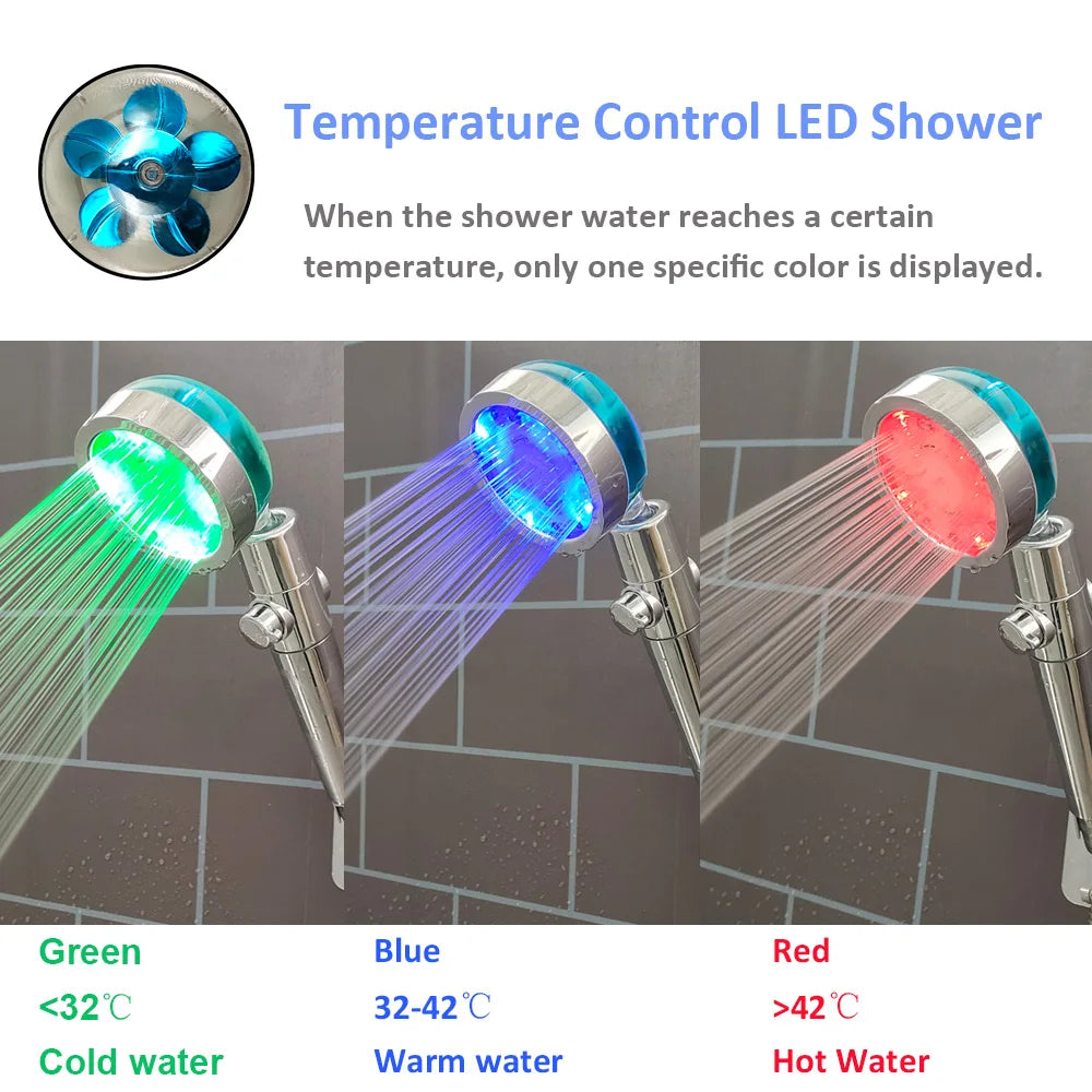 3/7 Colors Changes Led Shower Head with Propeller Stop Button Turbocharging High Pressure Showerhead Temperature Display Shower