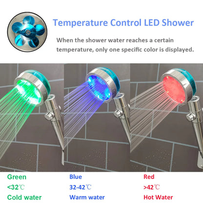 3/7 Colors Changes Led Shower Head with Propeller Stop Button Turbocharging High Pressure Showerhead Temperature Display Shower