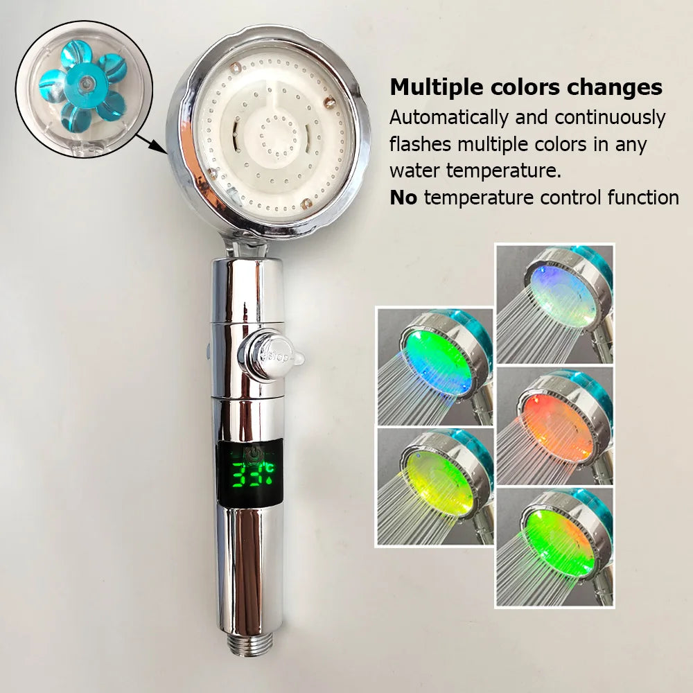 3/7 Colors Changes Led Shower Head with Propeller Stop Button Turbocharging High Pressure Showerhead Temperature Display Shower