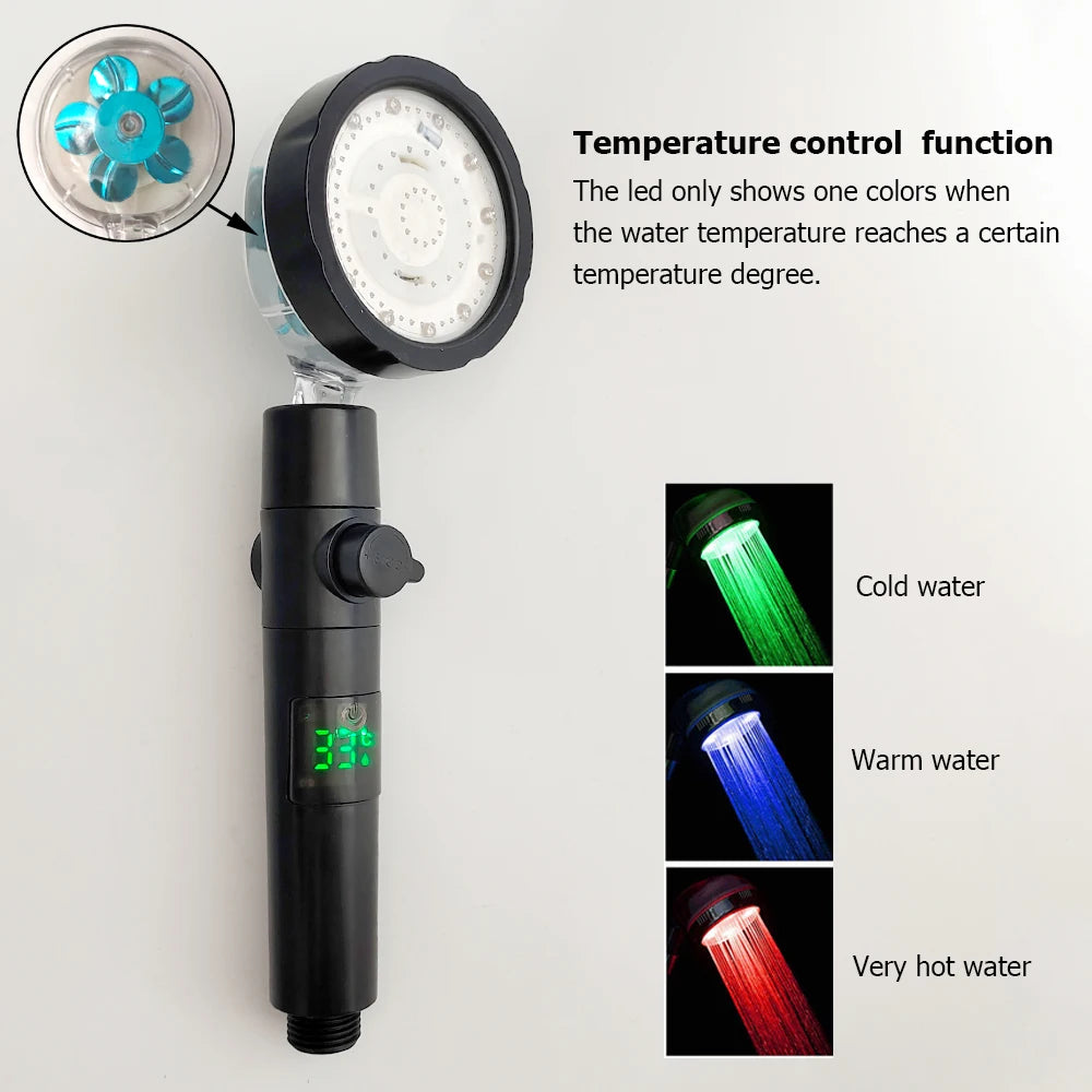 3/7 Colors Changes Led Shower Head with Propeller Stop Button Turbocharging High Pressure Showerhead Temperature Display Shower