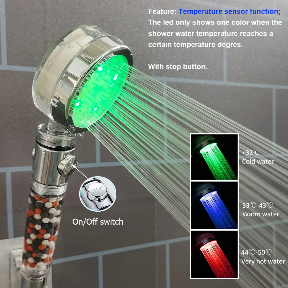 3/7 Colors Changes Led Shower Head with Propeller Stop Button Turbocharging High Pressure Showerhead Temperature Display Shower