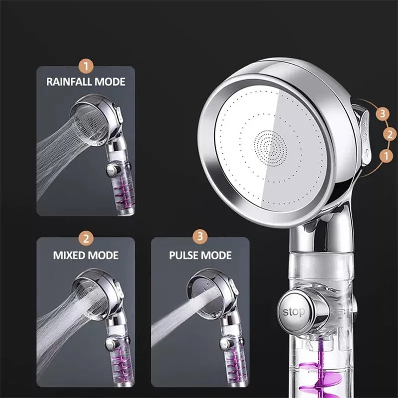 New 3 Modes Handheld Shower Head with Turbo Fan Eco Filter ON/Off Pause Switch Water Saving High Pressure Showerhead Accessories