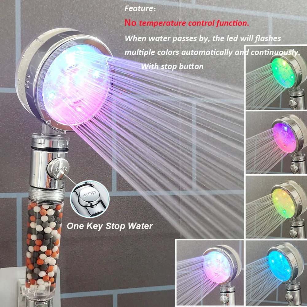 3/7 Colors Changes Led Shower Head with Propeller Stop Button Turbocharging High Pressure Showerhead Temperature Display Shower