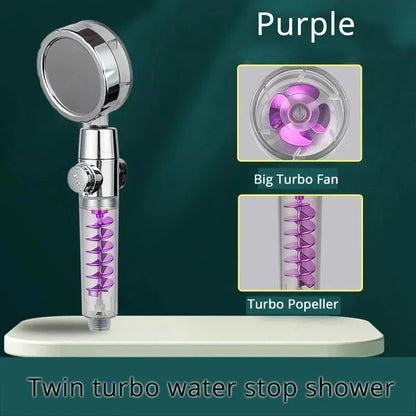 New High Pressure Shower Head Twin Turbocharged Shower Head Handheld Turbo Fan Propeller Shower One-key Stop Massage Showerhead