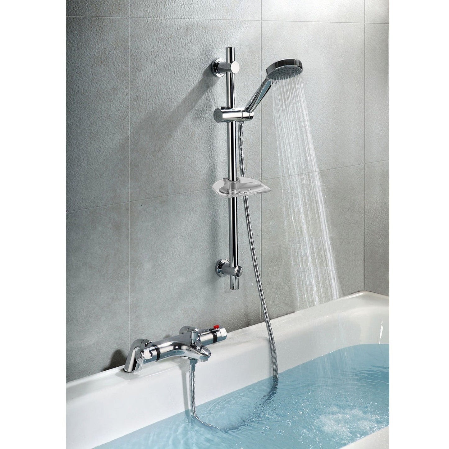CHROME DECK MOUNTED THERMOSTATIC BATH SHOWER MIXER + RISER KIT / 3 MODE HANDSET