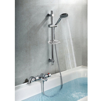 CHROME DECK MOUNTED THERMOSTATIC BATH SHOWER MIXER + RISER KIT / 3 MODE HANDSET