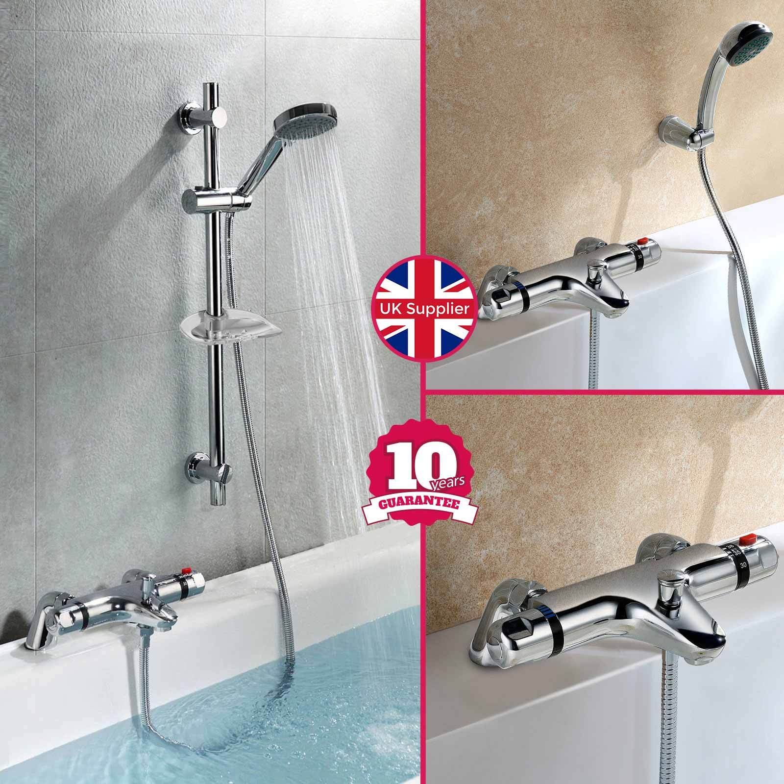 CHROME DECK MOUNTED THERMOSTATIC BATH SHOWER MIXER + RISER KIT / 3 MODE HANDSET