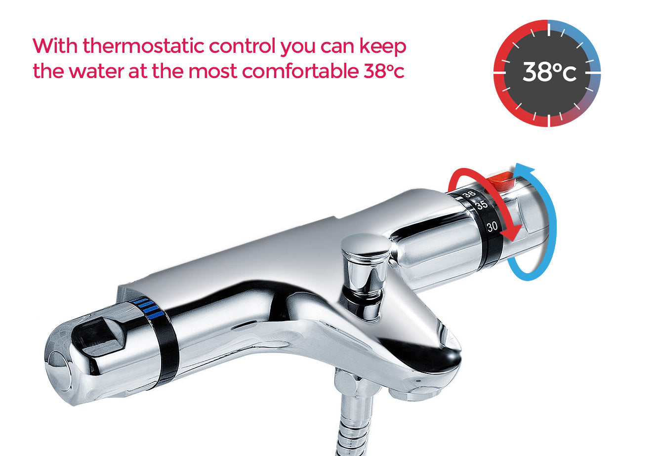 CHROME DECK MOUNTED THERMOSTATIC BATH SHOWER MIXER + RISER KIT / 3 MODE HANDSET