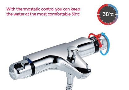 CHROME DECK MOUNTED THERMOSTATIC BATH SHOWER MIXER + RISER KIT / 3 MODE HANDSET