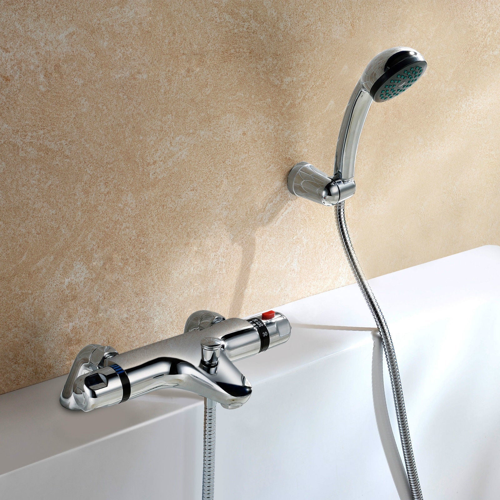 CHROME DECK MOUNTED THERMOSTATIC BATH SHOWER MIXER + RISER KIT / 3 MODE HANDSET