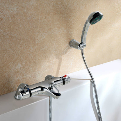 CHROME DECK MOUNTED THERMOSTATIC BATH SHOWER MIXER + RISER KIT / 3 MODE HANDSET