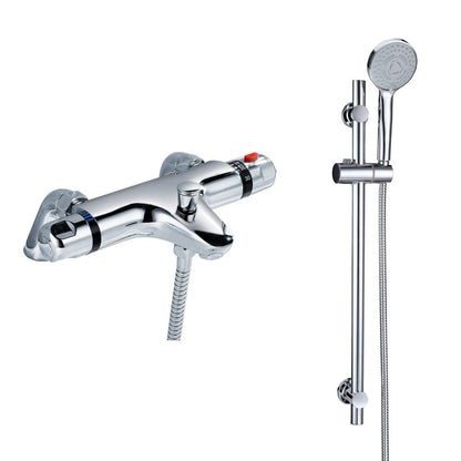 CHROME DECK MOUNTED THERMOSTATIC BATH SHOWER MIXER + RISER KIT / 3 MODE HANDSET