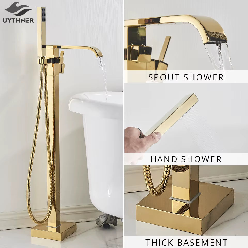 Floor Mounted Bathtub Faucet Set Gold Bath Tub Faucet Hot and Cold Water Shower Bathtub Mixer Tap Waterfall Floor Stand