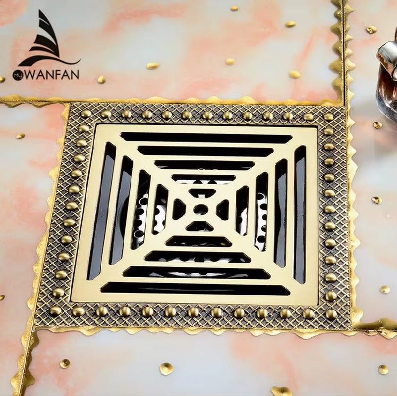 Shower Drain 15Cm Euro Antique Brass Floor Drain Cover Shower Square Waste Grate Strainer Hair Bathroom Bath Accessories CF8958