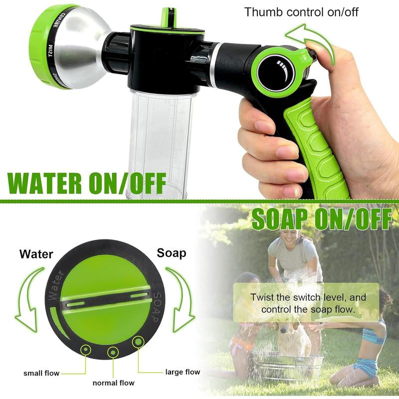 Washing Hose Attachment, 8-In-1 Sprayer Mode Garden Hose Nozzle with Pet Bathing Brush and 100Cc Soap Dispenser Bottle, Adopted in Watering , Wash, and Horse Showering (Green)