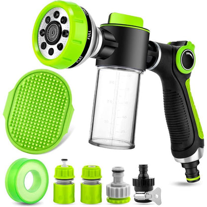 Washing Hose Attachment, 8-In-1 Sprayer Mode Garden Hose Nozzle with Pet Bathing Brush and 100Cc Soap Dispenser Bottle, Adopted in Watering , Wash, and Horse Showering (Green)