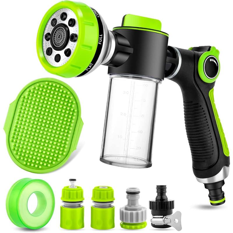 Washing Hose Attachment, 8-In-1 Sprayer Mode Garden Hose Nozzle with Pet Bathing Brush and 100Cc Soap Dispenser Bottle, Adopted in Watering , Wash, and Horse Showering (Green)