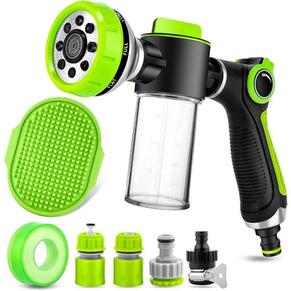 Washing Hose Attachment, 8-In-1 Sprayer Mode Garden Hose Nozzle with Pet Bathing Brush and 100Cc Soap Dispenser Bottle, Adopted in Watering , Wash, and Horse Showering (Green)
